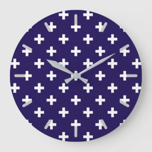 White polka crosses on navy blue große wanduhr