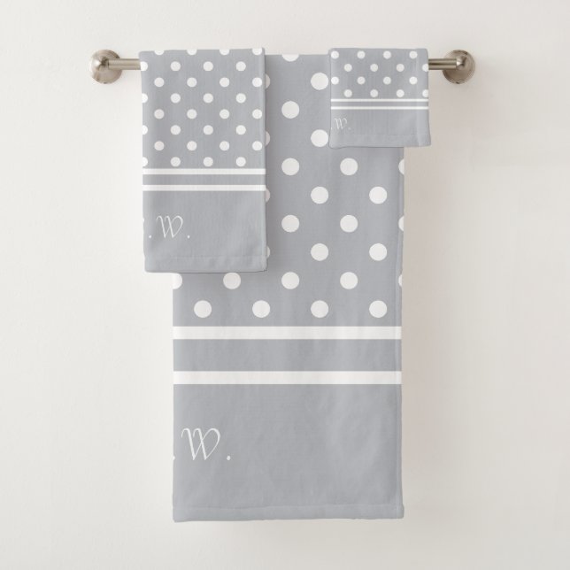 White Polka Dot Personalisiert grau / grau Badhandtuch Set (Insitu)
