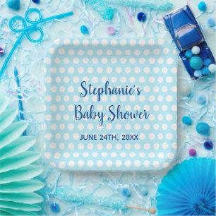White Polka Dots Blue Girl Boy Baby Dusche Party Pappteller