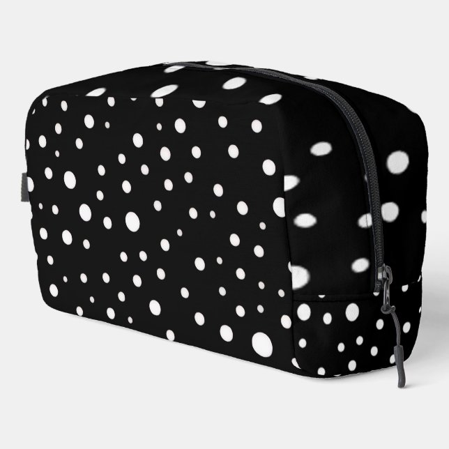 White Polka Dots on Black Waschbeutel (Rechte Ecke)