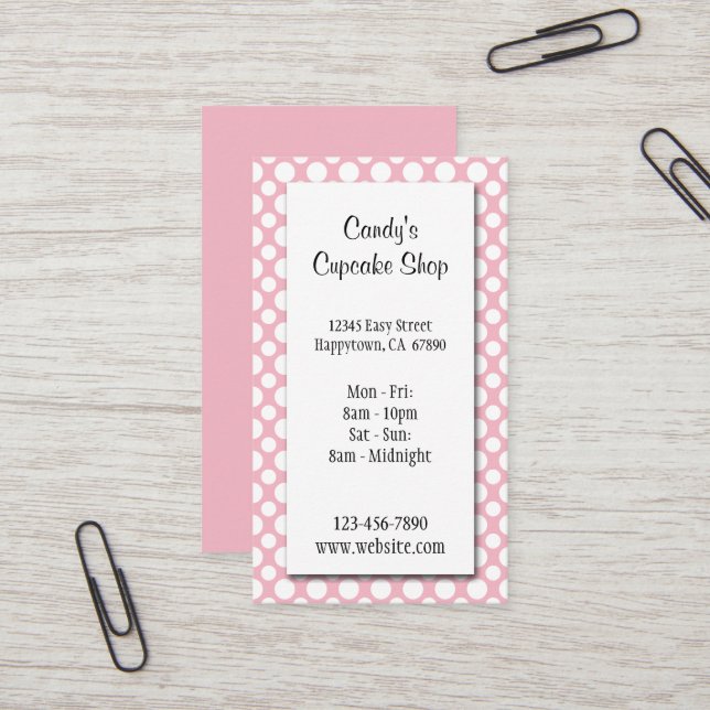 White Polka Dots on Pink Editable Business Card Visitenkarte (Vorderseite/Rückseite Beispiel)