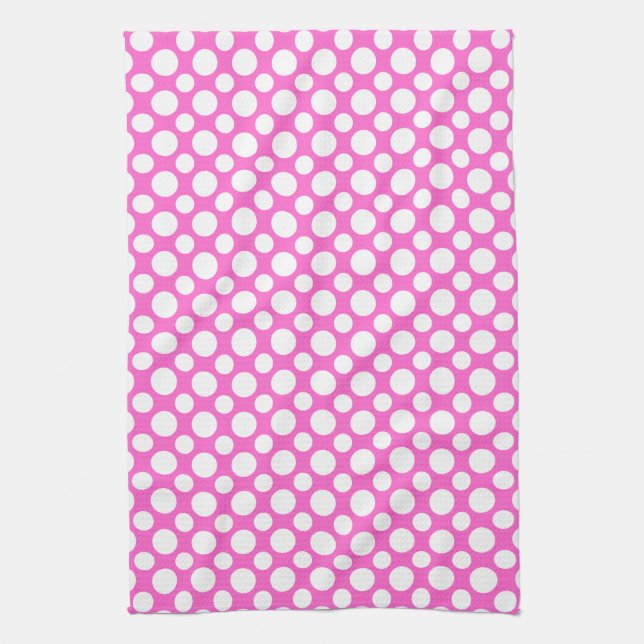 White Polka Dots on Pink Kitchen Handtuch (Vertikal)