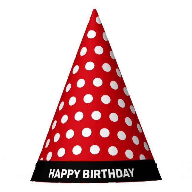 White Polka Dots on Red Happy Birthday Partyhütchen (Vorderseite)