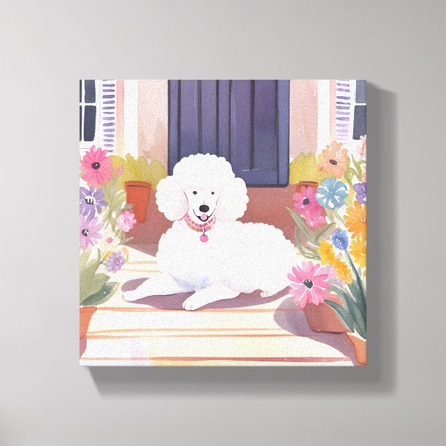 White Poodle | Blume für Hunde Wasserfarben Leinwanddruck (Vorderseite)