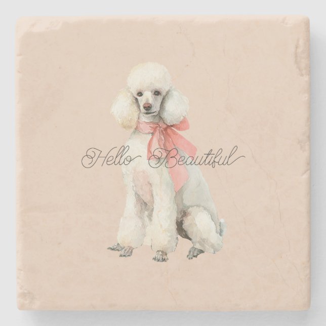 White Poodle Dog Hello Beautiful Steinuntersetzer (Vorderseite)