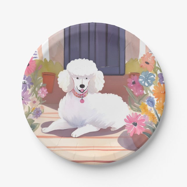 White Poodle | Dog Pet Watercolor Flowers Pappteller (Vorderseite)