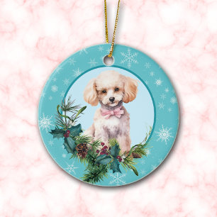 White Poodle Evergreen Blue Snowflake Border Keramik Ornament