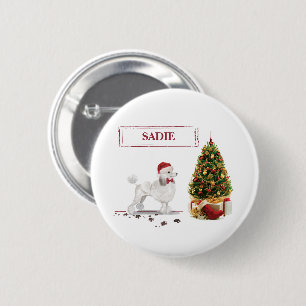 White Poodle Funny Christmas Dog mit Baum Button