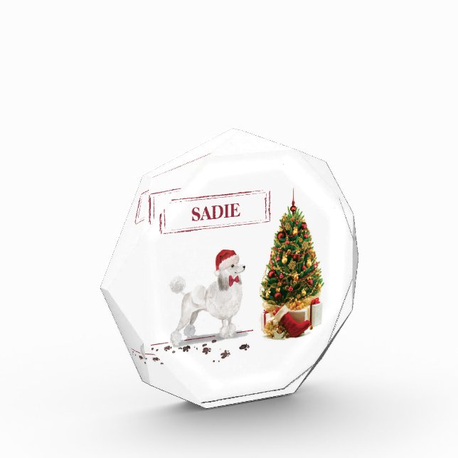 White Poodle Funny Christmas Dog mit Baum Fotoblock (Links)