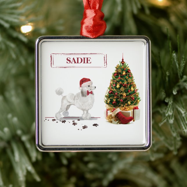White Poodle Funny Christmas Dog mit Baum Ornament Aus Metall (Baum)