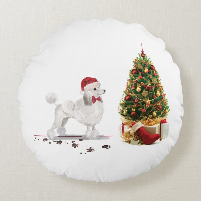 White Poodle Funny Christmas Dog mit Baum Rundes Kissen (Vorderseite)