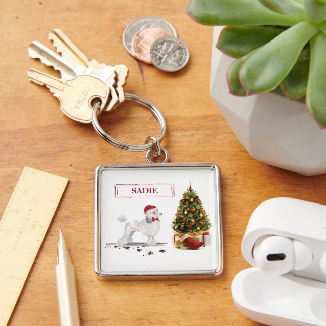 White Poodle Funny Christmas Dog mit Baum Schlüsselanhänger (Schreibtisch)