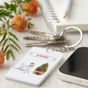 White Poodle Funny Christmas Dog mit Baum Schlüsselanhänger