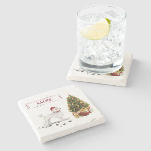 White Poodle Funny Christmas Dog mit Baum Steinuntersetzer