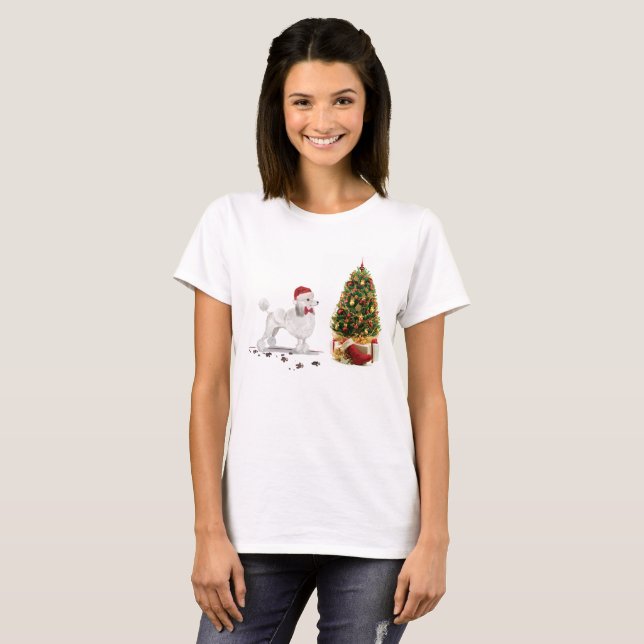 White Poodle Funny Christmas Dog mit Baum T-Shirt (Vorne ganz)