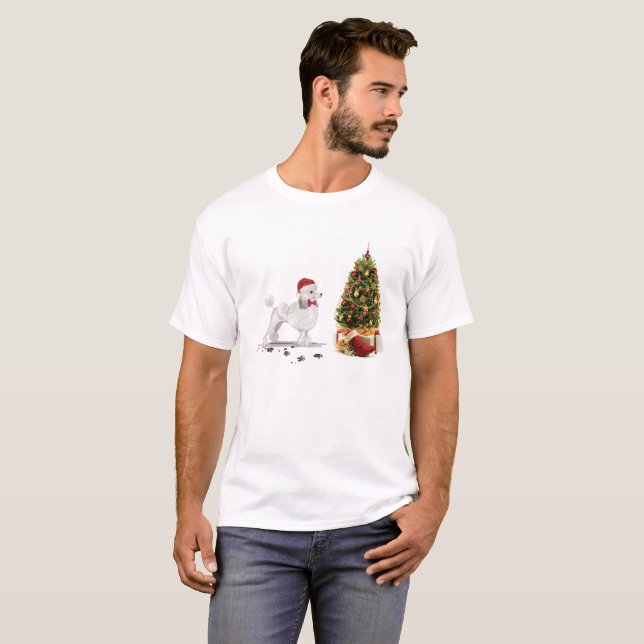 White Poodle Funny Christmas Dog mit Baum T-Shirt (Vorne ganz)