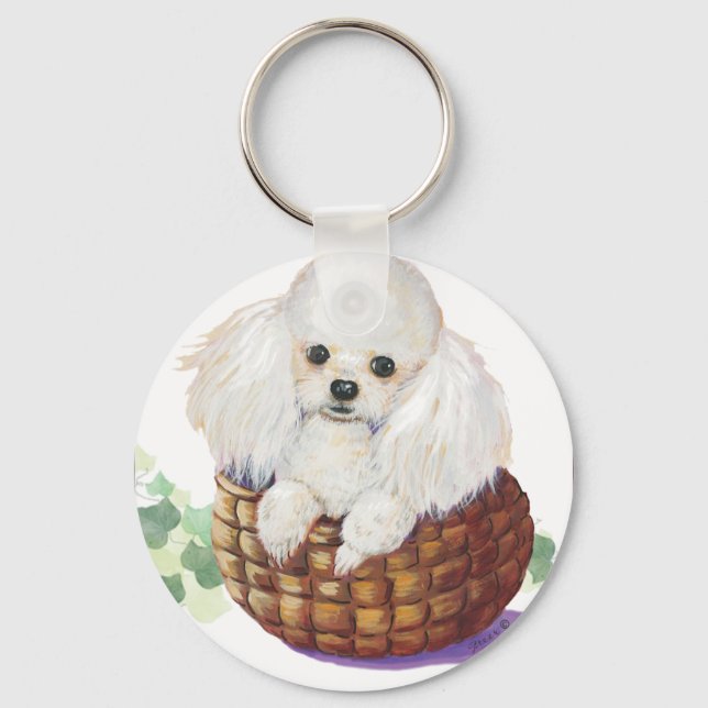 White Poodle in Basket Art Print Schlüsselanhänger (Vorderseite)