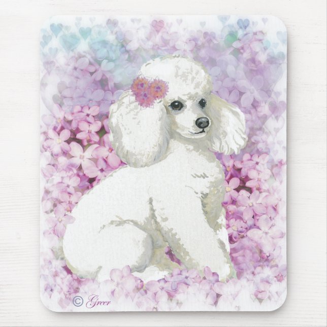 White Poodle in Lilacs Kunst und Geschenke Mousepad (Vorne)