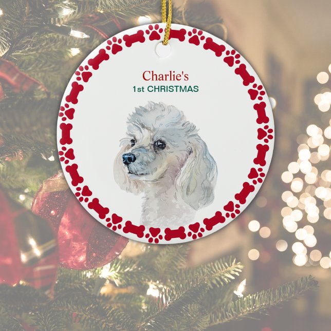 White Poodle Personalisiert Watercolor Weihnachten Keramik Ornament (Customize with Dog's Name on front, Year on reverse.  Edit '1st Christmas' or delete if not wanted. )