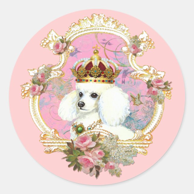 White Poodle Princess n Pink Roses Runder Aufkleber (Vorderseite)