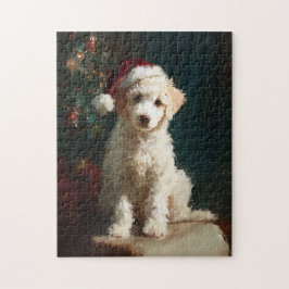 White Poodle Puppy Christmas Painting Puzzle
