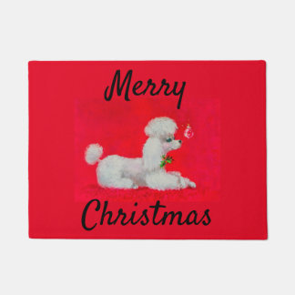 White Poodle über Weihnachten auf dem roten Teppic Fußmatte