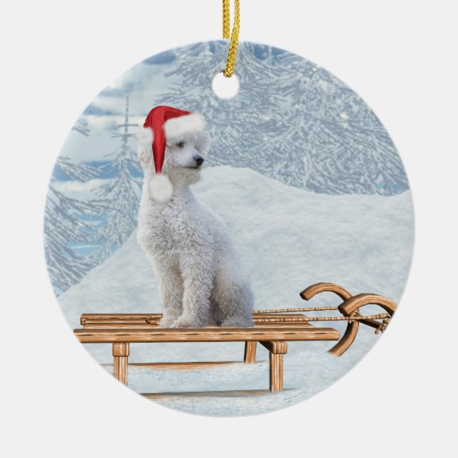 White Poodle Weihnachten Keramik Ornament (Vorne)