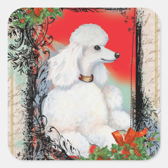 White Poodle Weihnachten Vintage Sticker Tags (Vorderseite)