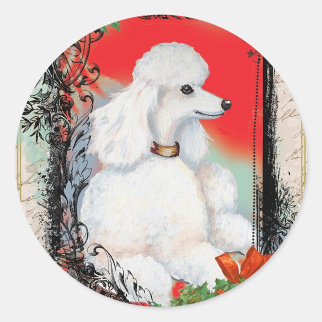 White Poodle Weihnachten Vintage Sticker Tags (Vorderseite)