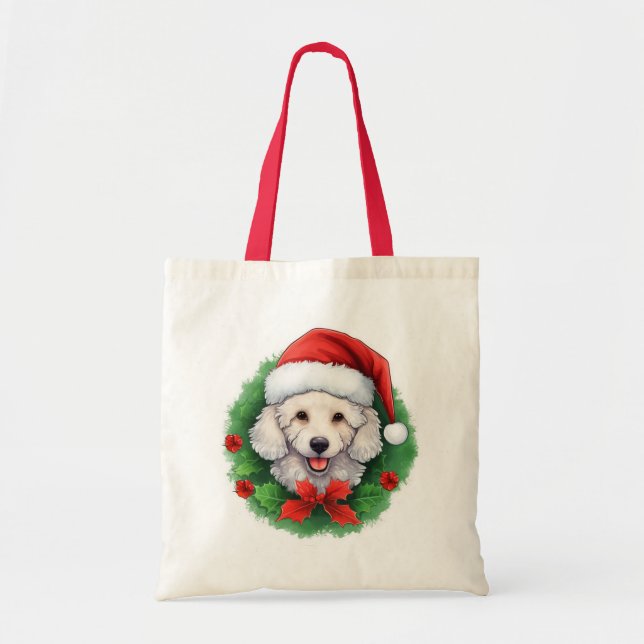White Poodle Weihnachtskranz Tragetasche (Vorne)