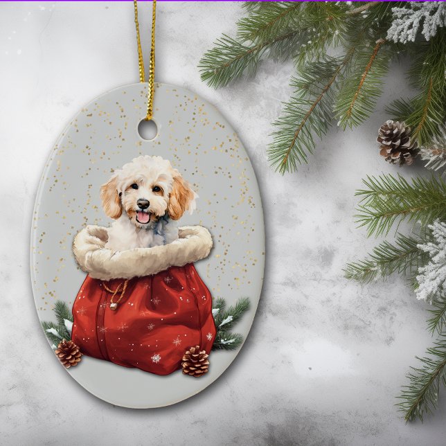 White Poodle Welpe Weihnachtsgeschenk Tasche Keramik Ornament (Von Creator hochgeladen)