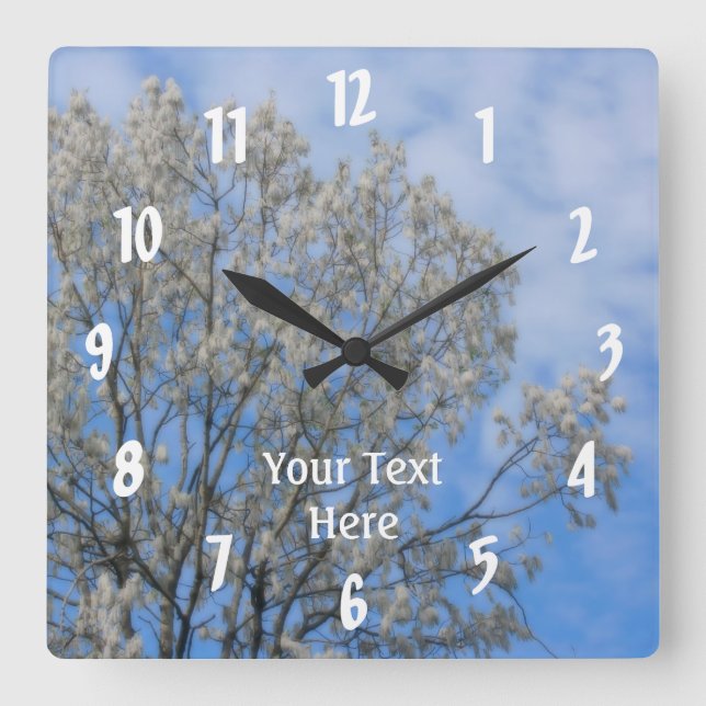 White Poplar Tree Fluff Blue Sky Nature Quadratische Wanduhr (Vorderseite)