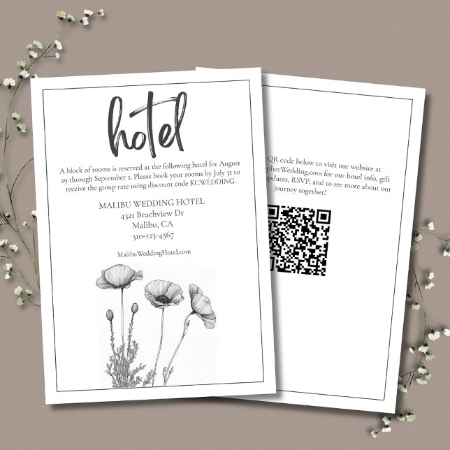 White Poppies Floral Elegantes Wedding Hotel Begleitkarte (White Poppies Wedding Hotel Details Enclosure Card, simple and elegant with modern typography.)