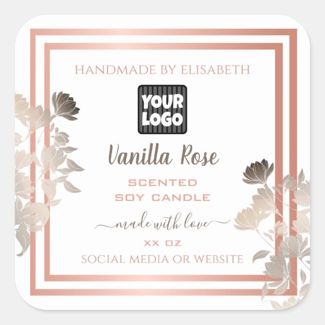 White Product Labels mit Logos und Rose Gold Frame Quadratischer Aufkleber (Vorderseite)