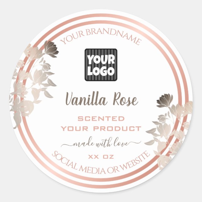 White Product Labels mit Logos und Rose Gold Frame Runder Aufkleber (Vorderseite)