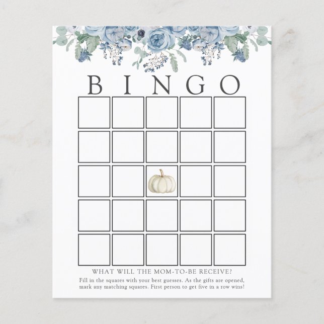 White Pumpkin and Blue Floral Baby Bingo Game Card (Vorderseite)