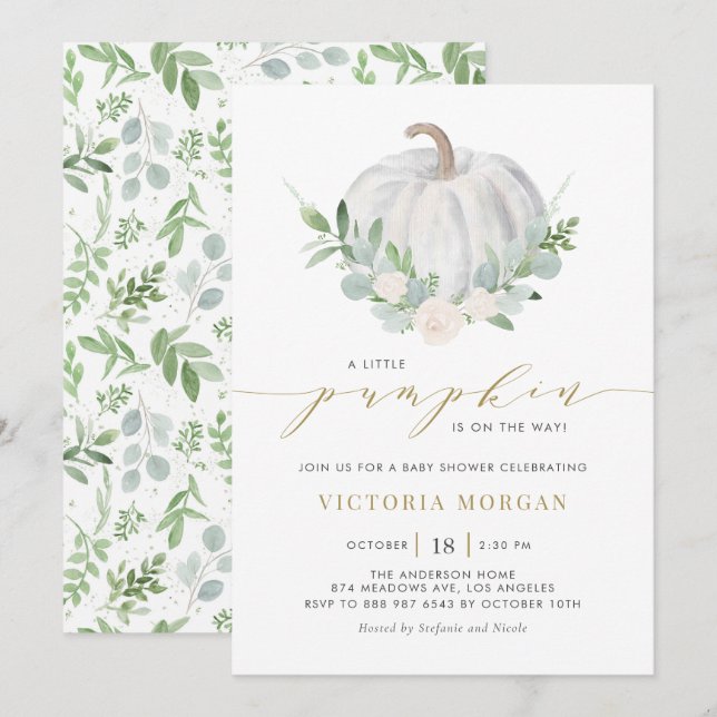 White Pumpkin and Greenerenerity Fall Baby Shower Einladung (Vorne/Hinten)