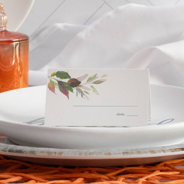 White Pumpkin and Marsala Wedding Fall Foliage Platzkarte (Thanksgiving place cards fall leaves )