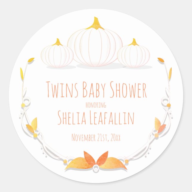 White Pumpkin Autumn Twins Baby Showaufkleber Runder Aufkleber (Vorderseite)
