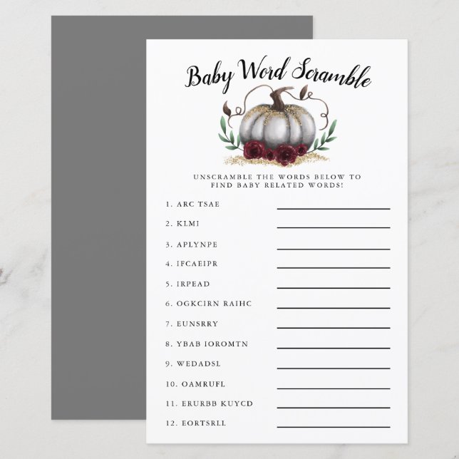 White Pumpkin Baby Word Scramble Game (Vorne/Hinten)