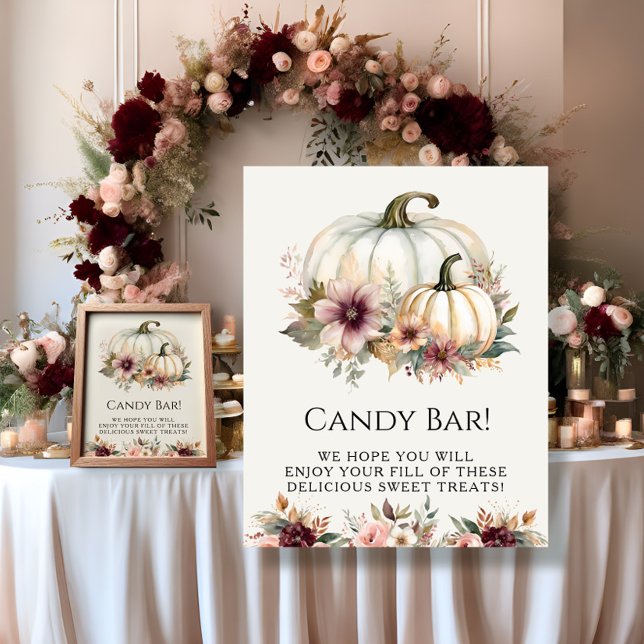 White Pumpkin Burgundy Fall Bloral Candy Bar Sign Poster (Von Creator hochgeladen)