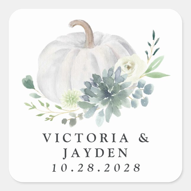 White Pumpkin Elegant Succulent Fall Chic Wedding Quadratischer Aufkleber (Vorderseite)