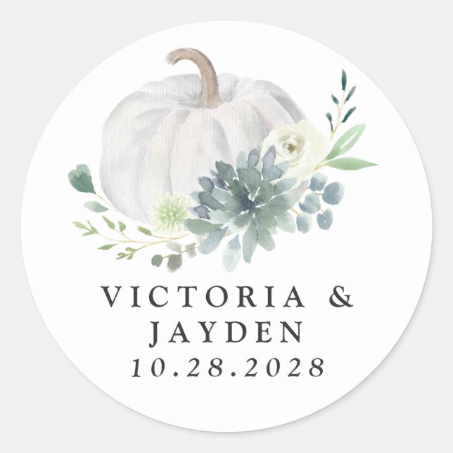 White Pumpkin Elegant Succulent Fall Chic Wedding Runder Aufkleber (Vorderseite)