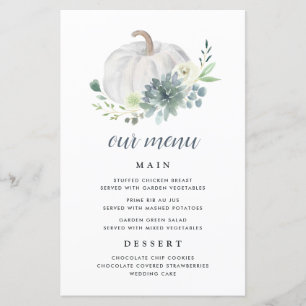 White Pumpkin Elegante Succulent Fall Menu Cards