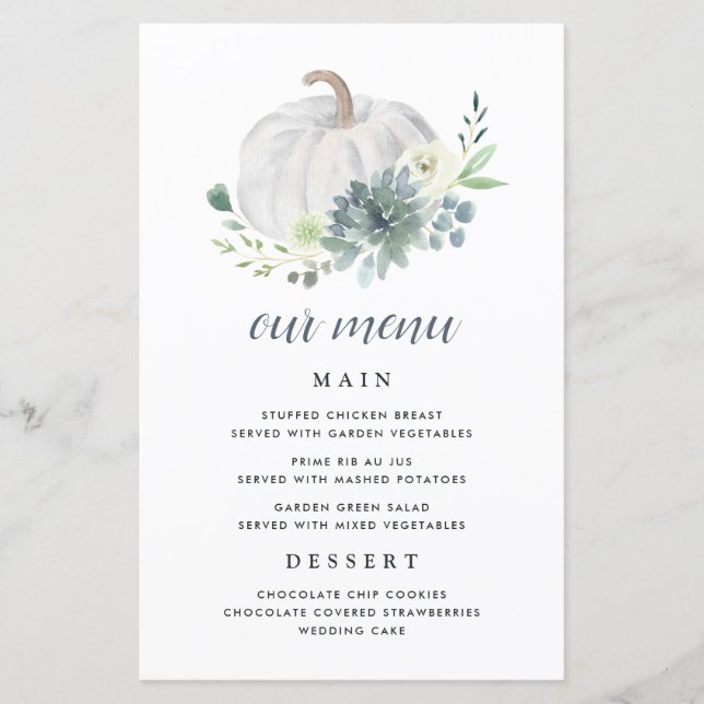 White Pumpkin Elegante Succulent Fall Menu Cards (Vorderseite)