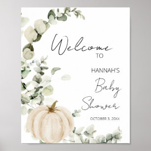 White Pumpkin Eucalyptus Fall Baby Dusche Willkomm Poster