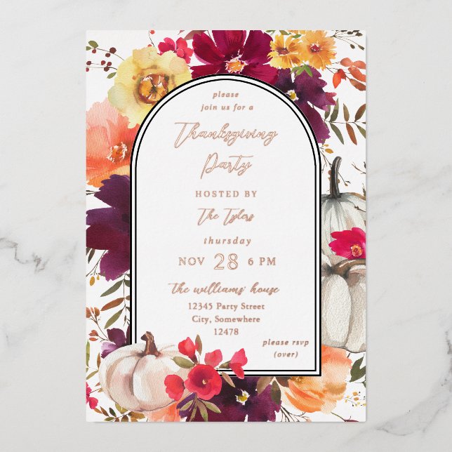 White Pumpkin Fall Floral Erntedank Folieneinladung (Vorderseite)