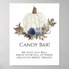 White Pumpkin Navy Blue Fall Floral Candy Bar Sign Poster