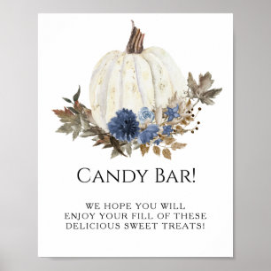 White Pumpkin Navy Blue Fall Floral Candy Bar Sign Poster