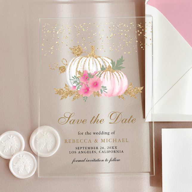 White Pumpkin Pink Floral Wedding Save the Date Acryleinladungen (Von Creator hochgeladen)